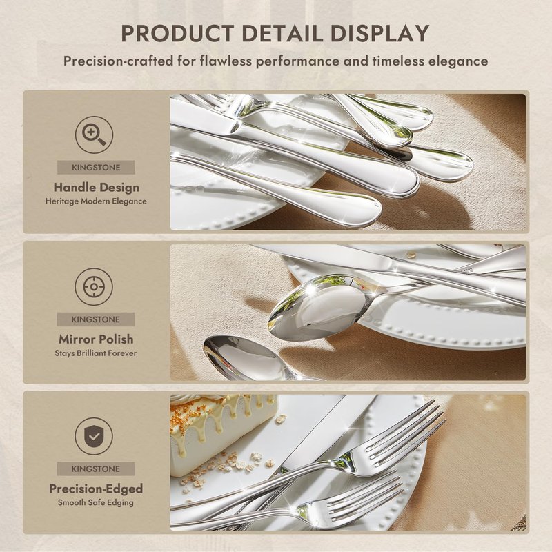 KINGSTONE 40 Piece Teardrop Silverware Set for 8, 18/10 Stainless Steel Flatware Set, Modern Design Cutlery Set for Home/Hotel/Wedding,Mirror Polished and Dishwasher Safe