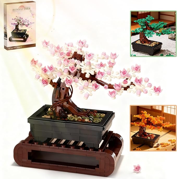 3IN1 Cherry Blossom Bonsai Tree Building Blocks Set Botanicals 3 Season Leaf Bonsai Tree Building Bricks Compatible with Lego Pink Flowers Plant Home Office Decor Ideal Gift for Adult Teen(1229PCS)