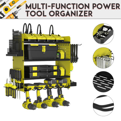 ZEAKOC Power Tool Organizer with Charging Station, 4 Layers Drill Holder Wall Mount,Metal Garage Rack with 10A Power Strip,Tool Shelves with Hooks,Drill Bit Storage, for Men Dad (Green&Black)