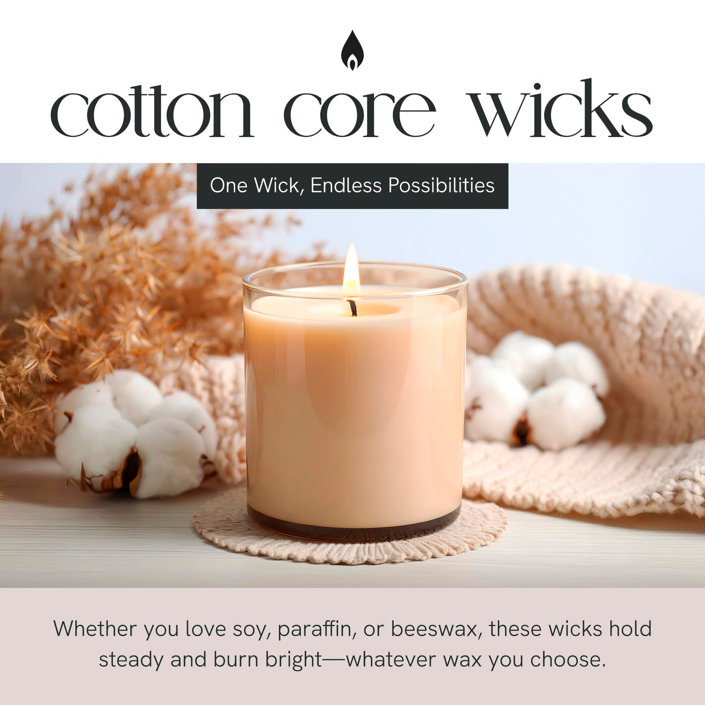 EAP Innovations Cotton Core Candle Making Wicks 6", Ideal for Votives, Pillars, and Containers, All-Fiber Wicks for Candle Making, Steady and Clean Burn, Size 34-40C, Pack of 100