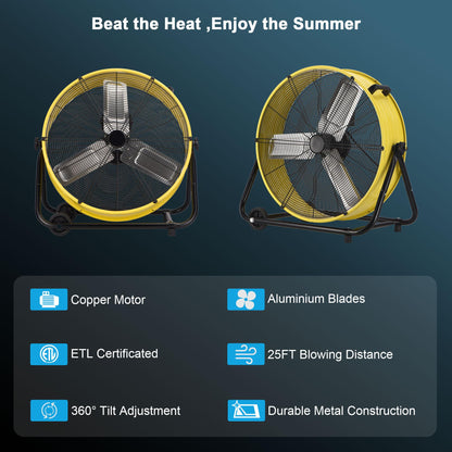 KEGIAN 30" Industrial Floor Fan, 14000 CFM High Velocity Drum Shop Fan, Heavy Duty, 3-Speed, 360° Fully Adjustable Tilt, Portable Wheels & Handle for Commercial, Warehouse, Garage, Workshop, Gym-ETL