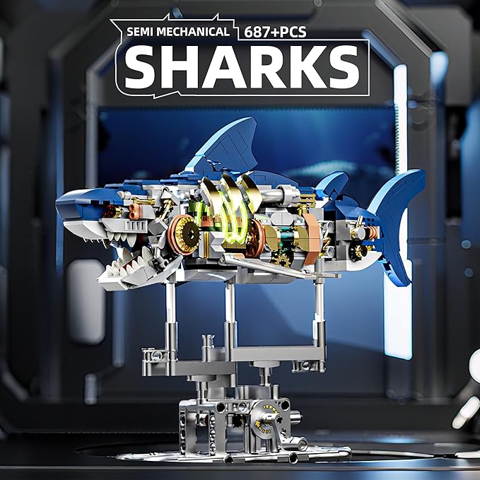687-PCS Mechanical Shark Building Set with LED Light Movable Linkage Gears Display Stand - Ocean Building Block Toy for Adults Teens Kids Age 12+