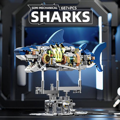 687-PCS Mechanical Shark Building Set with LED Light Movable Linkage Gears Display Stand - Ocean Building Block Toy for Adults Teens Kids Age 12+
