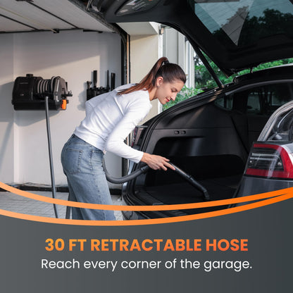 Giraffe Tools Grandstorm Retractable Vacuum Cleaner, Wall Mounted with 30FT Hose, Wet Dry Vacuum Cleaner with 6 Nozzles for Car Detailing Normal Version, Grey (No Remote Control Function)