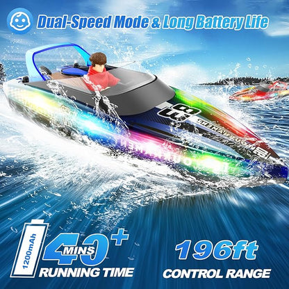 RC Boat with LED Lights 40+ Mins Self-Righting Waterproof Remote Control Boat for Pools Lakes Bathtubs Summer Water Toys for Kids Radio Controlled Watercraft (Blue)
