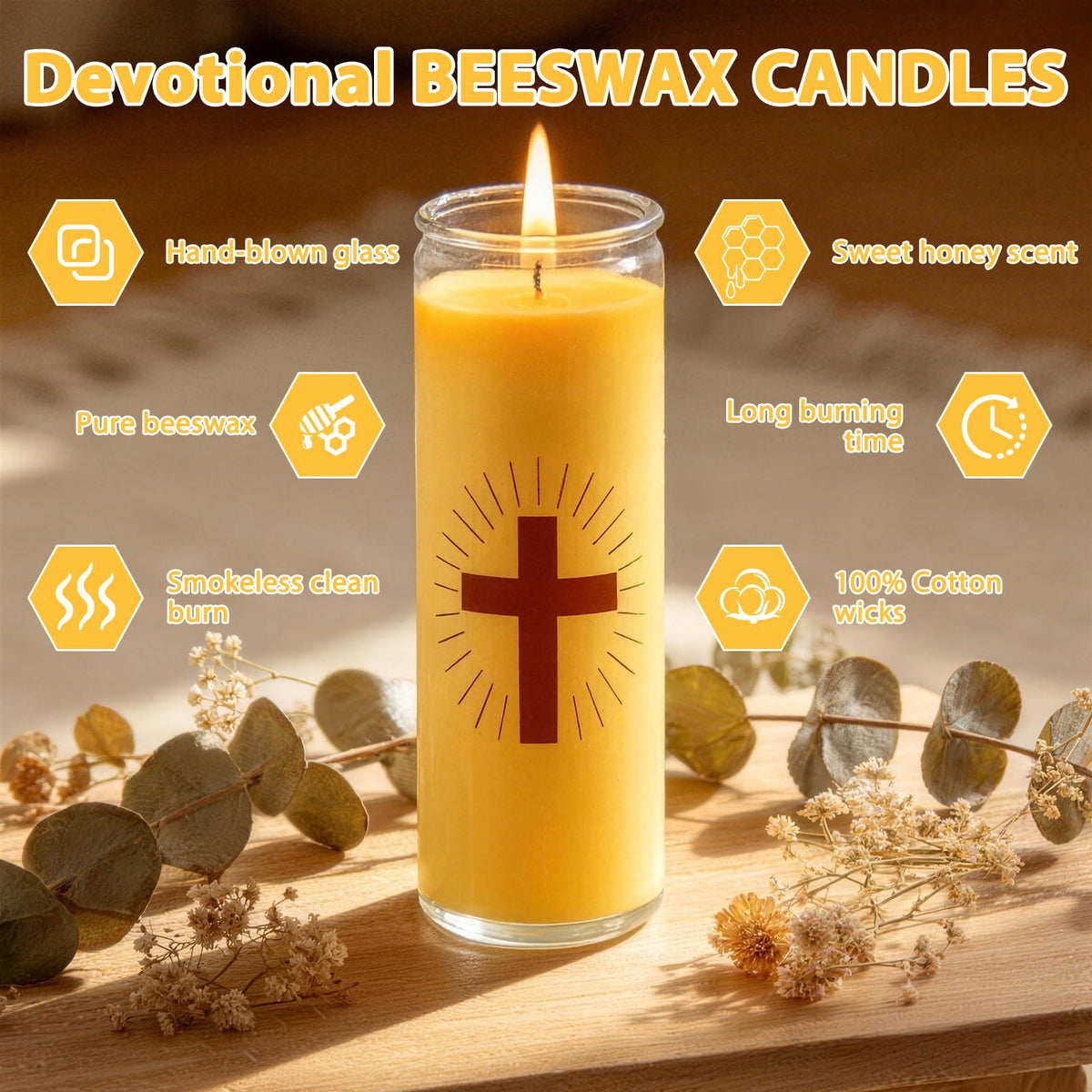 Trxvxo 6 Pack Pure Beeswax Prayer Candles, Devotional Candles in Safe Blown Glass Jars with Cross, Long‑Burning Smokeless Honey Scent Catholic Candles for Vigil, Church & Memorials