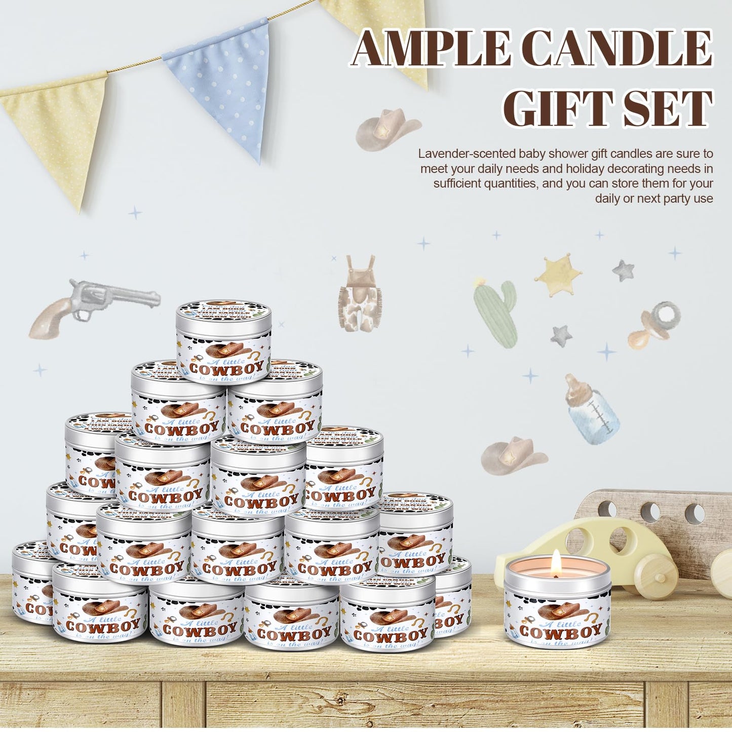MTLEE 24 Pcs Cowboy Baby Shower Party Favors Candles Lavender Scented Baby Shower Favors for Guests Rustic Tealights Candles Gender Reveal Return Gifts (1.2 oz, White)