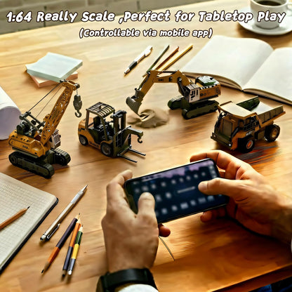 4 PCS RC Construction Vehicles Set with Mini Excavator dump truck Forklift and crane USB Charge Real Lights & Sounds and Movable Parts & Traffic Sign Simulate True Scale Birthday Gifts for Kids Adults