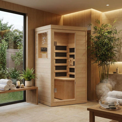 IDEALHOUSE Far Infrared Sauna for Home, 1-2 Person Indoor Sauna Room with Low EMF Heaters, Canadian Hemlock Wood, Warm White Light & Bluetooth Speakers, 1200W/110V Plug & Play, 32.7" x 27.6" x 60.2"