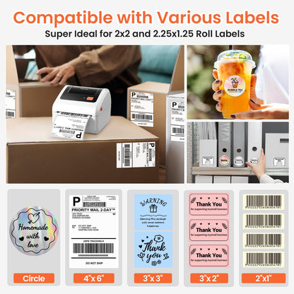 Omezizy Bluetooth Shipping Label Printer with 3 Roll Labels, D450BT White Thermal Label Printer 4x6 for Small Business, Thermal Printers Come with 750PCS 4x6‬ White Labels (250 Labels/Roll)