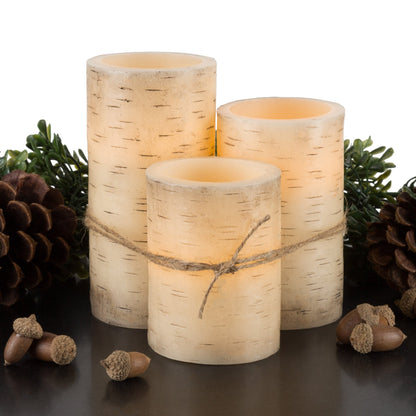 Flameless Candles - 3-Pack Faux Birch Bark Battery Operated LED Candles with Remote and Flickering Light for Home Décor by Lavish Home