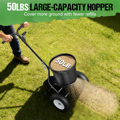PPOLB Broadcast Spreader for Lawns, 50LB Fertilizer Spreader with 30-Level Flow Control, Walk Behind Lawn Seed & Salt Spreader, 0–10FT Coverage, Hopper Screen, Rain Cover, 12" Pneumatic Wheels