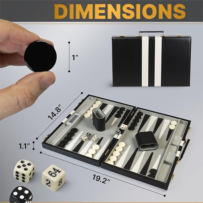 Backgammon Sets for Adults – 15-Inch Black PU Leather Board Game Set – Classic 2-Player Travel Backgammon Set with 32 Playing Pieces Dice and Cups