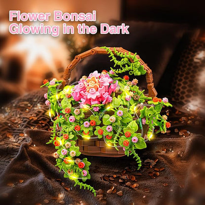 Flower Bouquet Building Set Flowers Basket Bonsai Plants with Light Botanical Collection Wall Decor Creative Building Toy Gift for Adults (691 PCS)