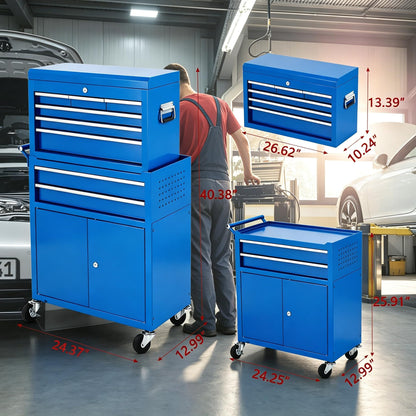 8-Drawer Rolling Tool Chest, 2-in-1 High Capacity Tool Storage with Detachable Top Cabinet, Locking System, Wheels and Liners for Garage, Workshop, Blue
