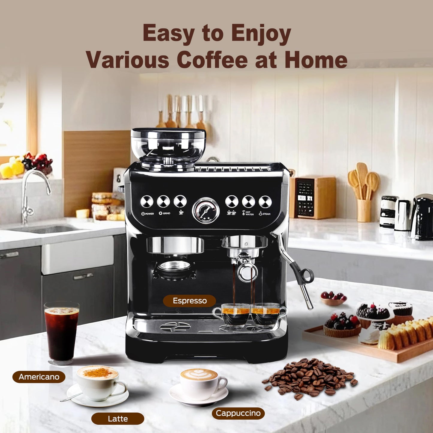 MIROX Espresso Machine 15 Bar, Coffee Maker With Milk Frother Steam Wand, Built-In Bean Grinder, Combo Cappuccino Machine with 70oz Removable Water Tank (ABS high-strength plastic shell)