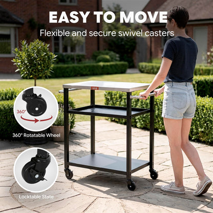 Feasto 3-Tier Outdoor Grill Cart, Rolling Pizza Oven Table with Compact 26.6" x 16.1" Stainless Top for Pizza Ovens & Griddles, Outdoor Bar Cart with S-Hooks for Patio Parties, Deck Dining & Camping