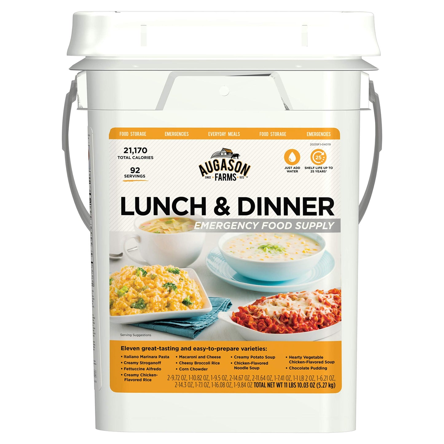 AUGASON FARMS Emergency Food Supply Bucket, 92 Servings, Dehydrated Meal Kit, Variety Pail, Long Shelf Life Just-Add-Water Meals for Disaster Survival Prep, Camping, Hiking, and More
