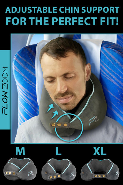 FLOWZOOM Memory Foam Travel Pillow for Airplanes & Car Rides – Adjustable Airplane Pillow with 360° Chin and Neck Support for Comfy Naps, Extra-Soft Washable Neck Pillow Cover, Squeezy Mesh Bag – Grey
