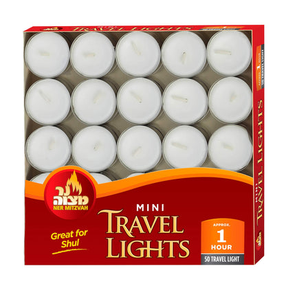 Ner Mitzvah Mini Tea Light Candles, White Unscented Travel, Centerpiece, Decorative Candle, 1 Hour Burn Time, Pressed Wax - Bulk (Pack of 50)