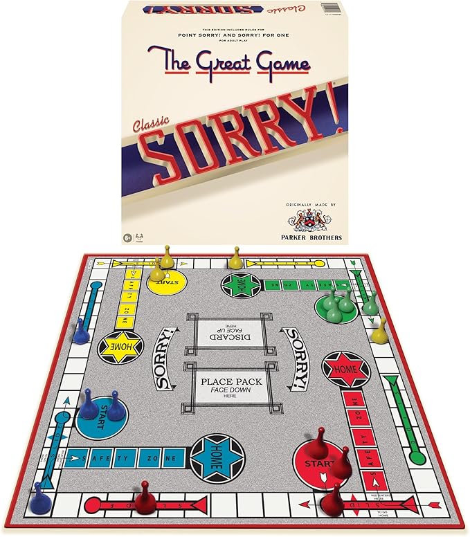 Classic Sorry with Retro Artwork and Components by Winning Moves Games USA a Family Favorite for Almost 100 Years for 1-4 Players Ages 6+
