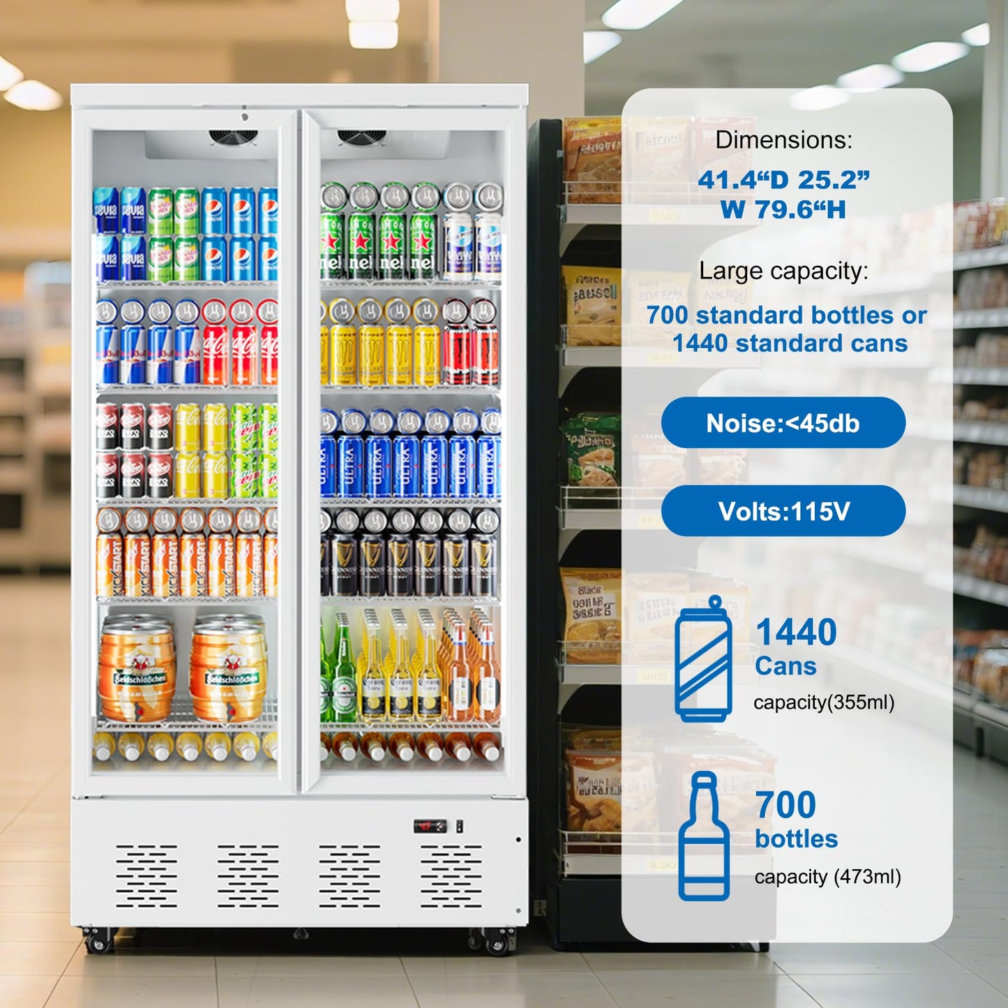 ECEVT 41.4''W White Commercial Refrigerators, 30.5 Cu.Ft 2 Glass Door Commercial Beverage Refrigerators Upright Display Cooler with LED Light and 10 Adjustable Shelves for Restaurant Stores