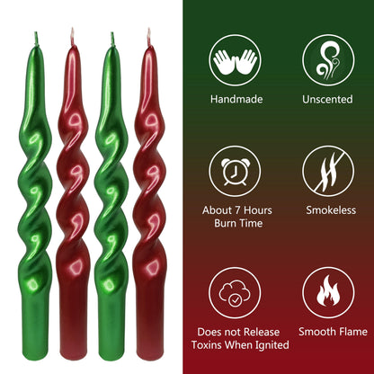 Metal Red Green Spiral Taper Candles Set of 4, 10 Inch Handmade Candle Stick, Unscented Twisted Candles, Tapered Candles for Wedding Christmas Home Decor