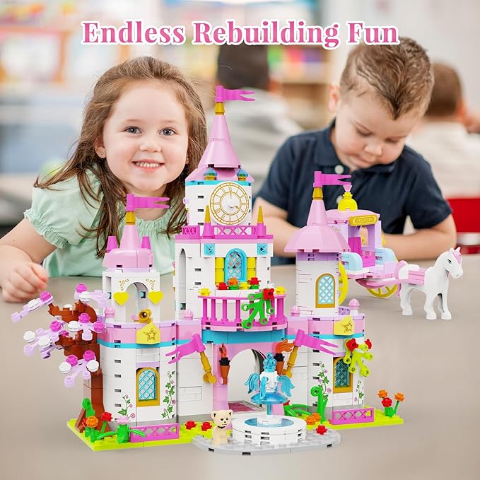 Princess Castle Building Blocks Set for Girls 6+ 634PCS Fairy Tale Dream Castle with Rotating Fountain &amp Movable Carriage Compatible with Lego Friends Gift for Kids Girls Princess Lovers