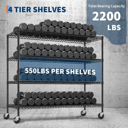 4 Tier Heavy Duty Wire Garage Shelving with Wheels, 2200 LBS Capacity, 24"D x 56"W x 75"H, Adjustable Metal Storage Rack, Industrial Shelves for Warehouse, Kitchen, Garage, Pantry and Utility Room