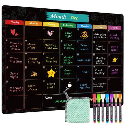 MaxGear Monthly Black Magnetic Calendar for Refrigerator, 16" X 12" Fridge Chalkboard, Magnetic Dry Erase Calendar White Board Planning Board for Fridge with 7 Fine Point Markers,1 Cloth