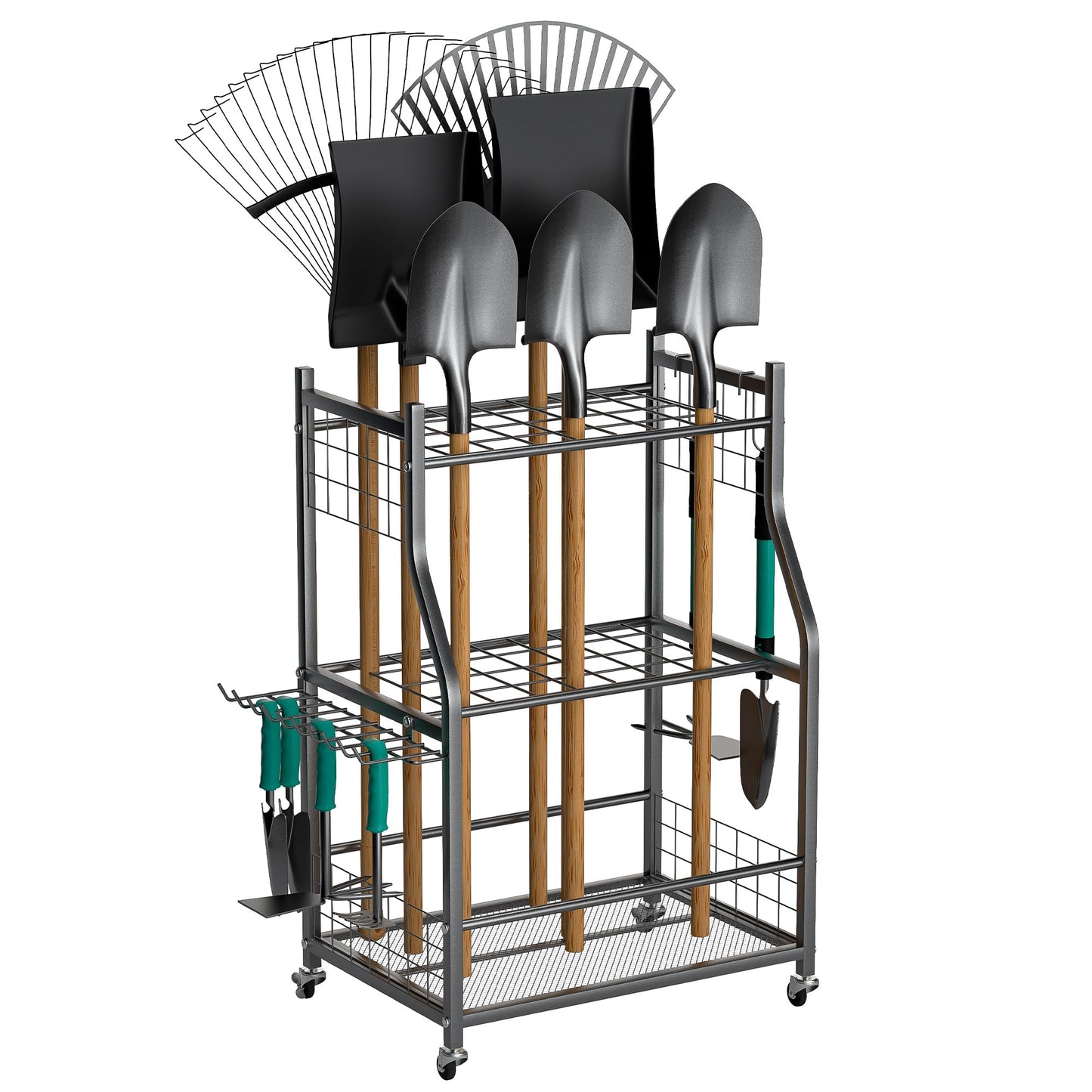 EVERHANGER Garden Tool Organizer Stand, Garage Tool Storage Organization, Yard Tool Racks with lockable wheels, Fit for Long-Handled Tools/Rakes/Brooms, Indoor/Outdoor Use