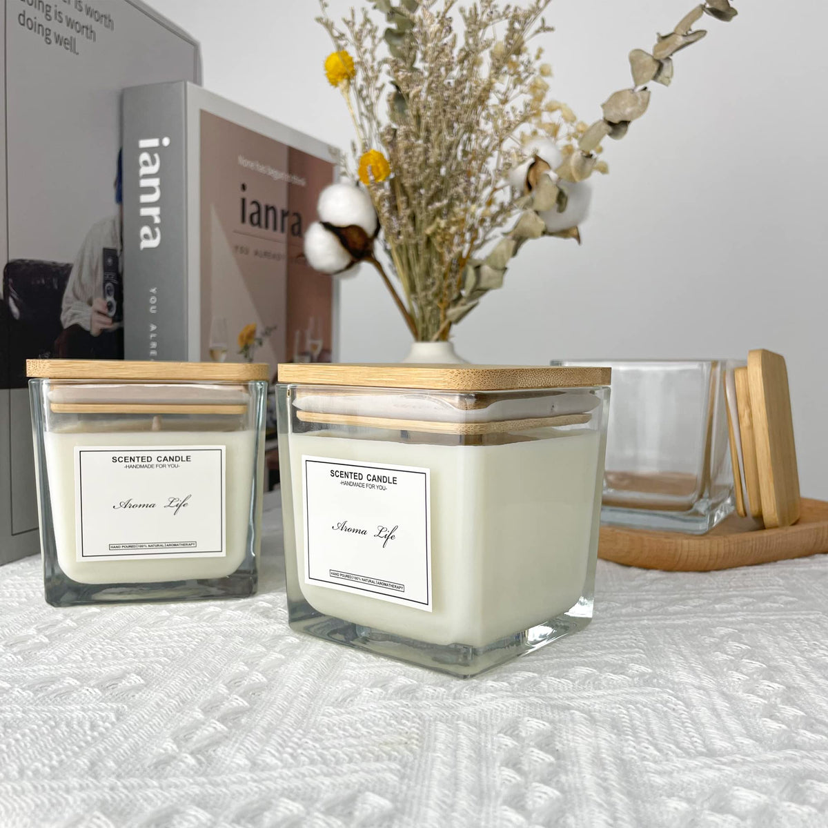 Creahaus 9-Pack Thick Glass Square Candle Jars with Bamboo Lids - 10oz Capacity with Warning Labels - DIY Candle Vessels