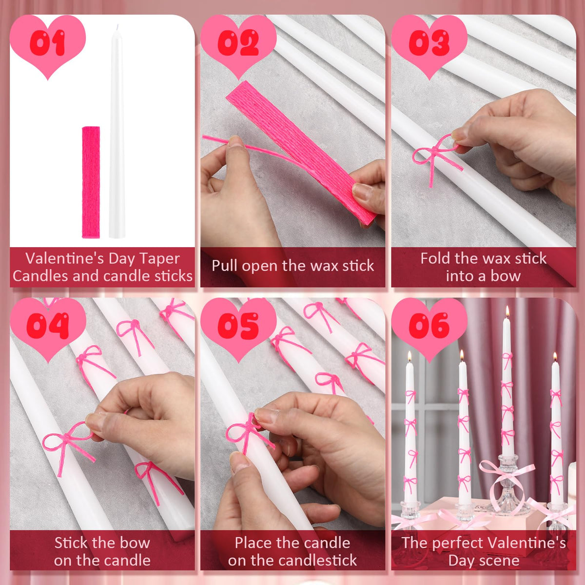 Conelist 12 Set Pink Bow Taper Candles Coquette Birthday Decoration Candles White Candlesticks with Wax Stick for Bridal Shower Wedding Dinner Decorations for Birthday Anniversary Party