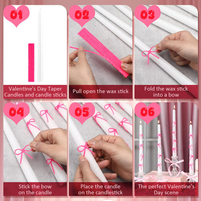 Conelist 12 Set Pink Bow Taper Candles Coquette Birthday Decoration Candles White Candlesticks with Wax Stick for Bridal Shower Wedding Dinner Decorations for Birthday Anniversary Party