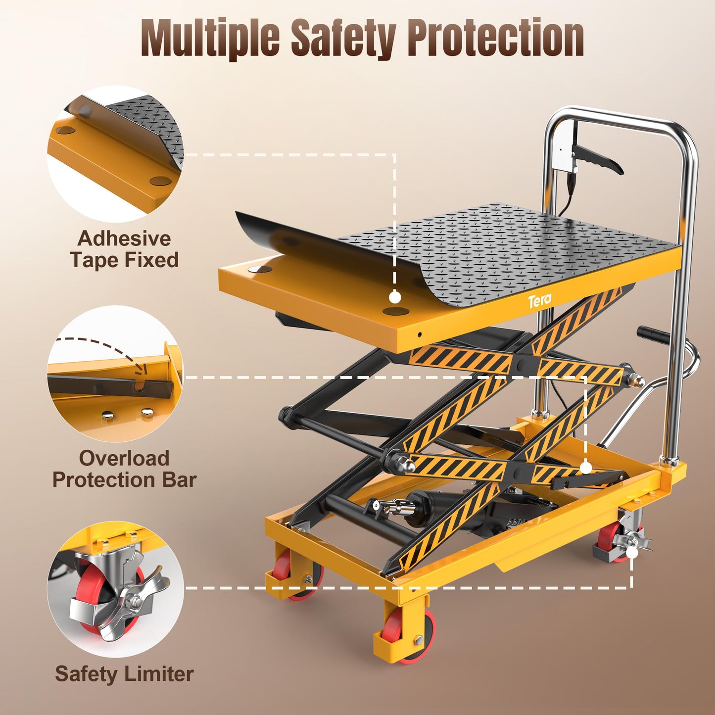 Tera Hydraulic Lift Table Cart: 330lbs Capacity 10.4"-49.6" Lift Height Manual Double Scissor Lift with Anti-Collision Wheels Non-Slip Pad & Fixing Tape for Warehouse Material Handling LT1502