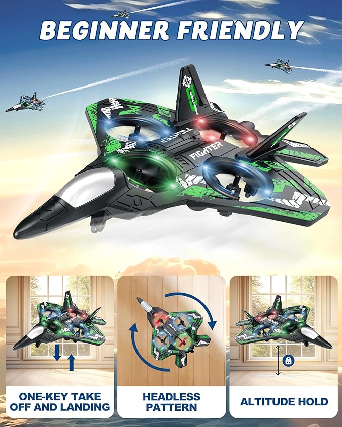 Drones for Kids Form RC Plane Remote Control Airplane Aircrafts for Boys and Girls Jet Helicopter Drones with LED Lights 360° Flip 2 Rechargeable Batteries (Green)