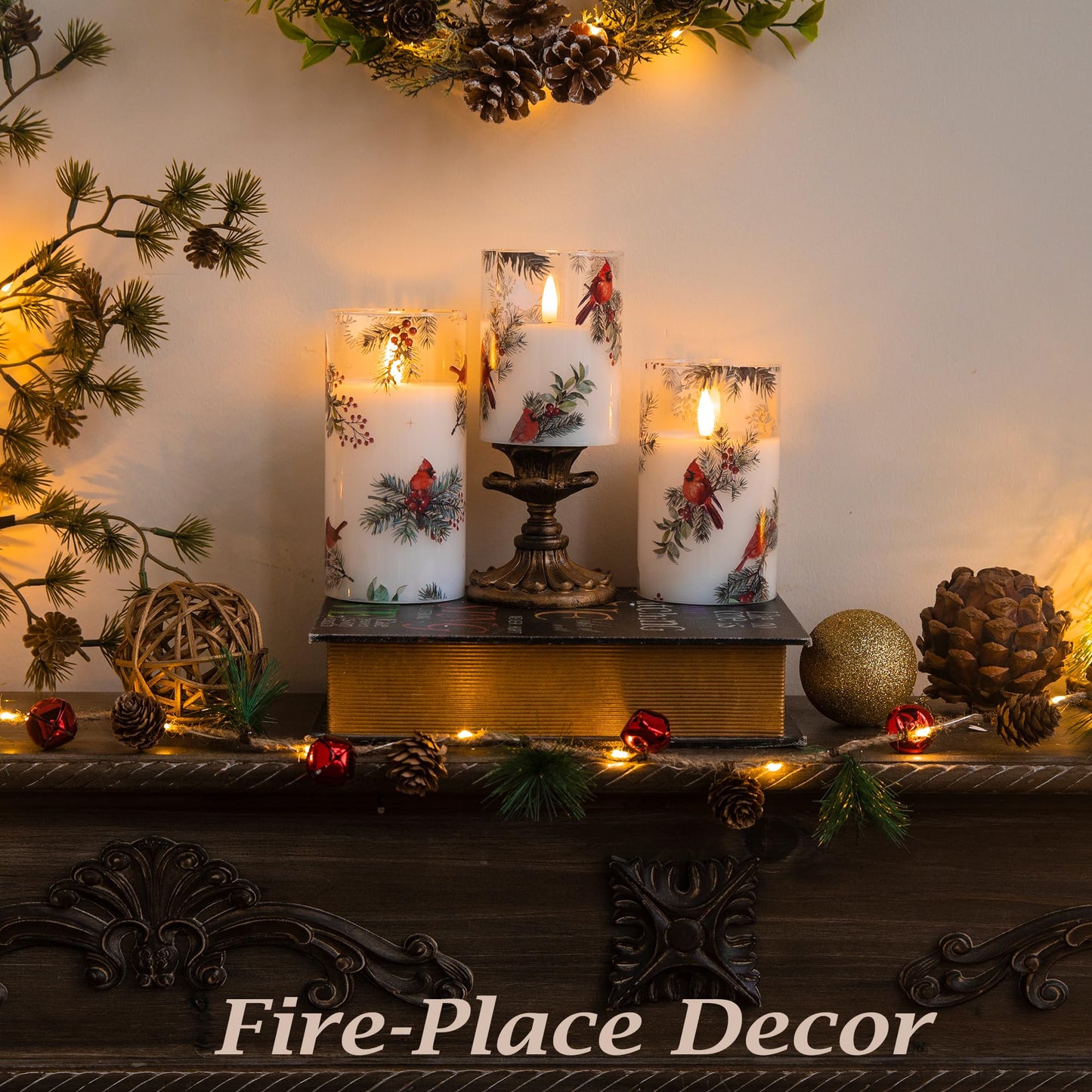LUSHARBOR LUSHABOR Christmas Flameless Candles, 3 Pack Battery Operated Candles for Christmas Mantel Decor, Glass LED Flickering Candles Home Xmas Party Holiday D3 H4 5" 6", Bird