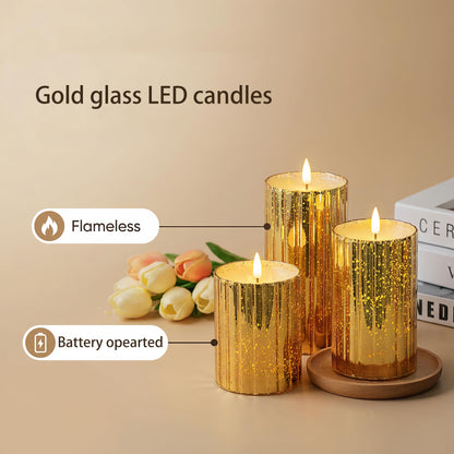 volnyus Gold Glass Flameless Candles Set - 3 Pack(Φ 3" H 4" 5" 6") with Remote,Battery Operated Flickering LED Pillar Candles,Starscape LED Night Lights for Christmas,Home Decor
