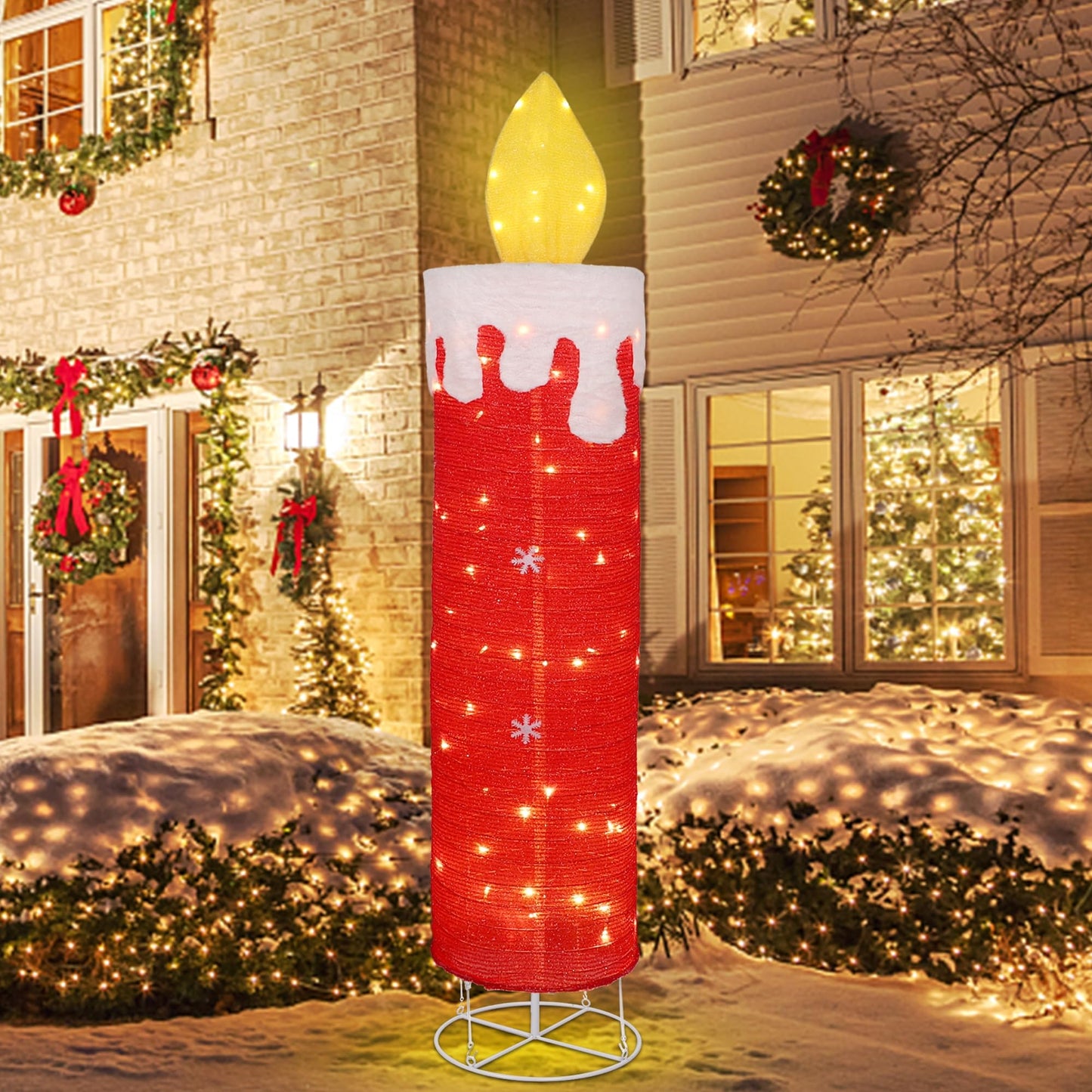 DR.DUDU 5.2 FT Christmas Lighted Decoration Candle,Red Glitter 3D Candle with Flickering Flame, Pre-Lit 60 LED Christmas Outdoor Decor with Stakes for Xmas Outside Yard Indoor Porch Lawn Holiday Party