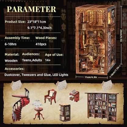 Book Nook Library Kit DIY Miniature Dollhouse Booknook Kit 3D Wooden Puzzle Bookend Bookshelf with LED Light for Adults Teens (Abbey Library)