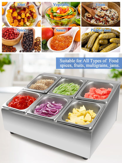 Lanstics 6 Pans Spice Rack Shelf 2 Row Stainless Steel Spice Organizer Stand with Lids Spoons Countertop Inclined Holder Buffet Containers Set for Sauce Jam Fruits Ingredient Kitchen Restaurant Pantry