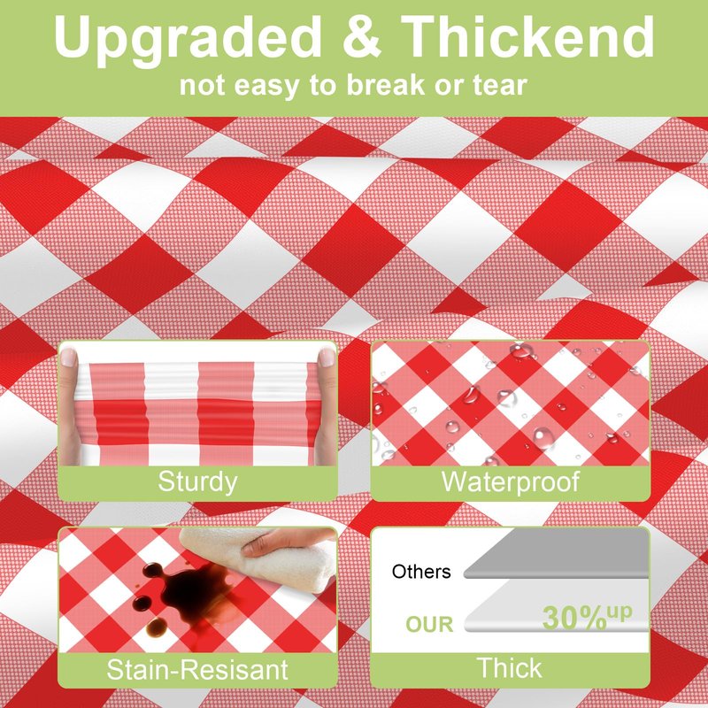 QIKSION Red Gingham Tablecloth Disposable 12 Pack, 54 x 108 Inch Red and White Checkered Table Cloth for Picnic, Outdoor BBQ Decorations, Birthday Party Supplies, Rectangle, Plastic Table Cover