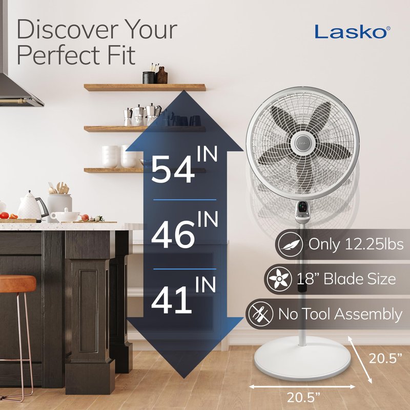 Lasko Cyclone Pedestal Fan, Adjustable Height, Remote Control, Timer, 3 Speeds, for Bedroom, Kitchen, Office and Living Room, 18", White, 1885, Large