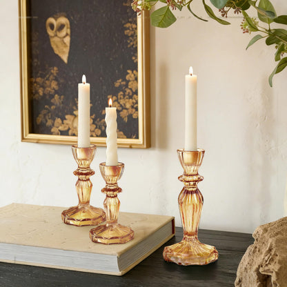 CHOCSTAY Glass Candlestick Holders Set of 3, Amber Stripe Taper Candle Holders for Table Centerpiece, Home Decorations, Wedding and Party