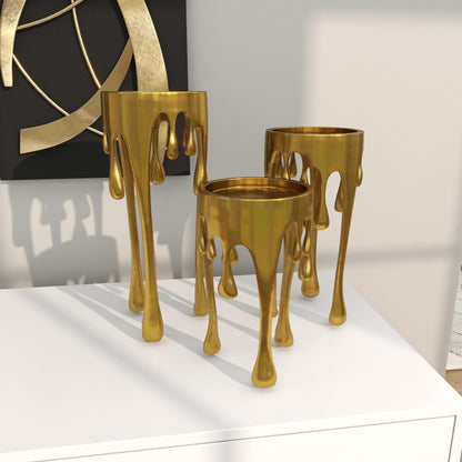 CosmoLiving by Cosmopolitan Aluminum Metal Abstract Decorative Candle Holder Melting Drip Candle Stand, Set of 3 Candlestick Holder 12", 10", 8"H, Gold