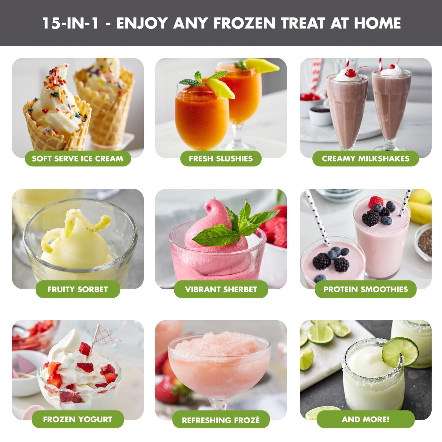 GreenPan Frost Ice Cream Maker & Slushie Machine, Soft Serve, Sorbet, Margaritas, Milkshakes, Frozen Yogurt, No Pre-Freezing, Ready in 15 Mins, 6 Modes, 7 Textures, Self-Cleaning, Family Size, Gray