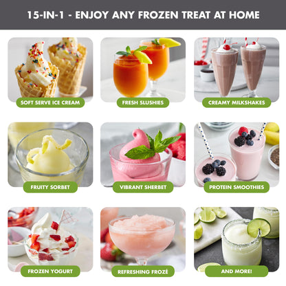 GreenPan Frost Ice Cream Maker & Slushie Machine, Soft Serve, Sorbet, Margaritas, Milkshakes, Frozen Yogurt, No Pre-Freezing, Ready in 15 Mins, 6 Modes, 7 Textures, Self-Cleaning, Family Size, Gray