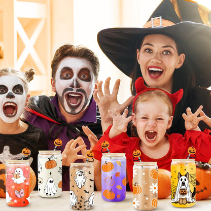 Frerdui Halloween Pumpkin Coffee Cup - 16 Oz Pumpkins Fall Mug, Iced Coffee Glass Tumbler Glass Cups W/Lids Straws, Cute Halloween Fall Gifts for Women Teens Girl