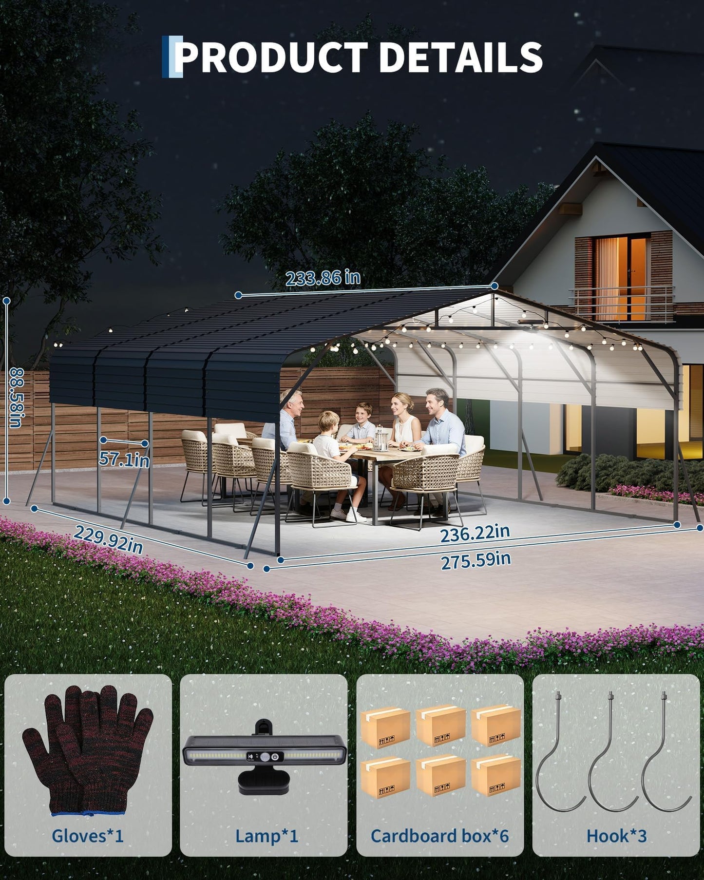Garvee 20x25ft Heavy Duty Metal Carport, 2-Car Carport Kit with Solar Lights, 500 Sq. Ft. RV Boat Trailer Steel Garage Shelter