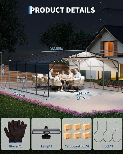Garvee 20x25ft Heavy Duty Metal Carport, 2-Car Carport Kit with Solar Lights, 500 Sq. Ft. RV Boat Trailer Steel Garage Shelter